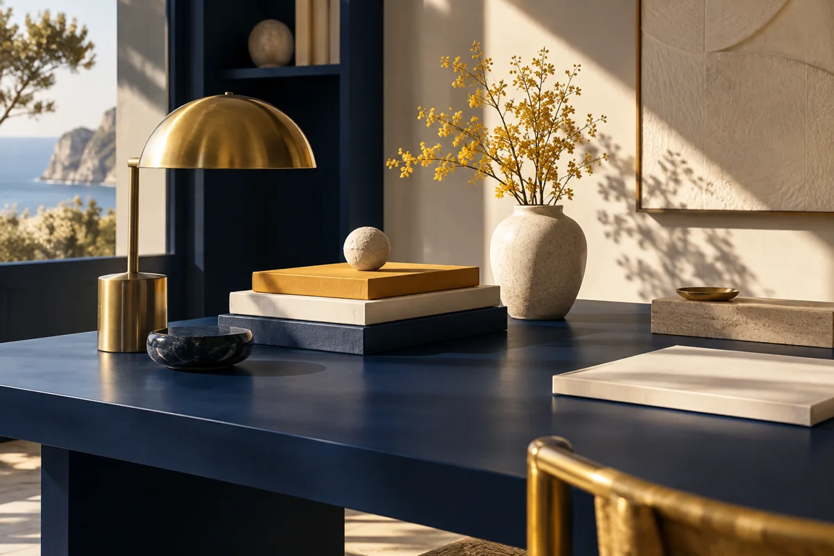 Concept image of a sunlit creative workspace with a navy desk and brass lamp