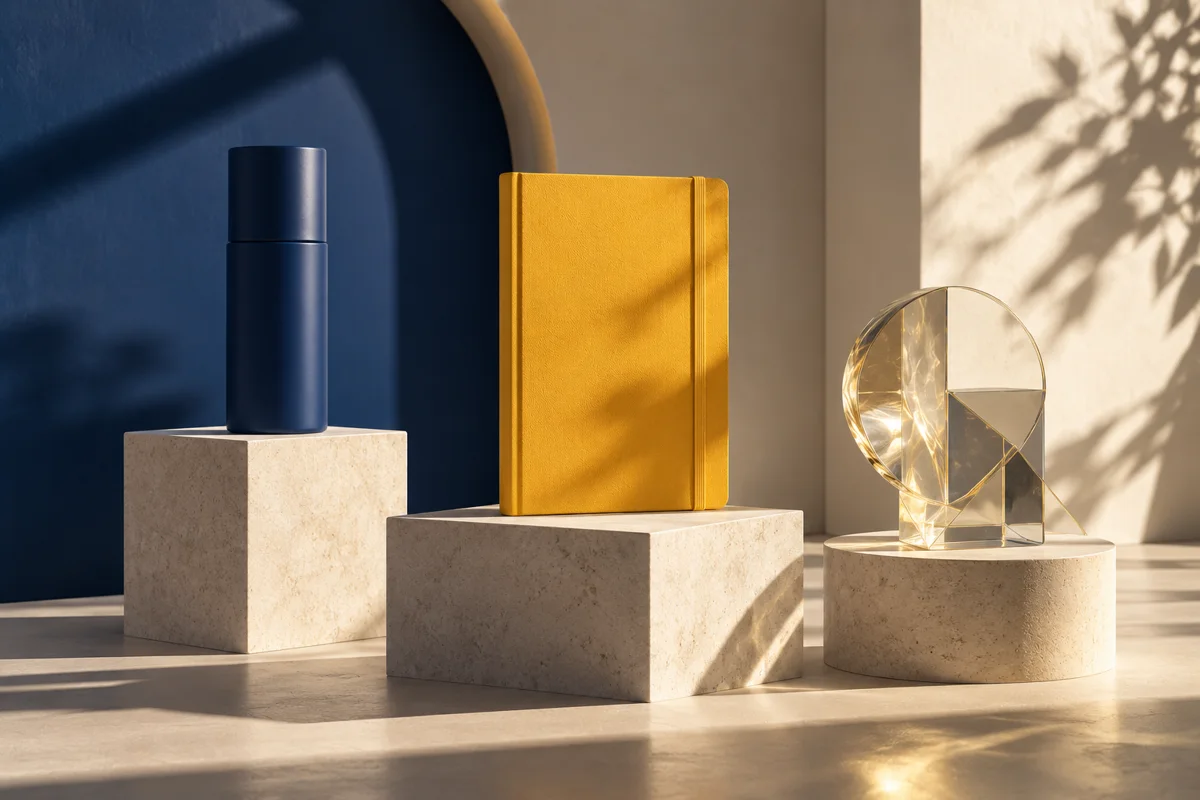 Concept still life of distinct brand objects on navy and gold plinths