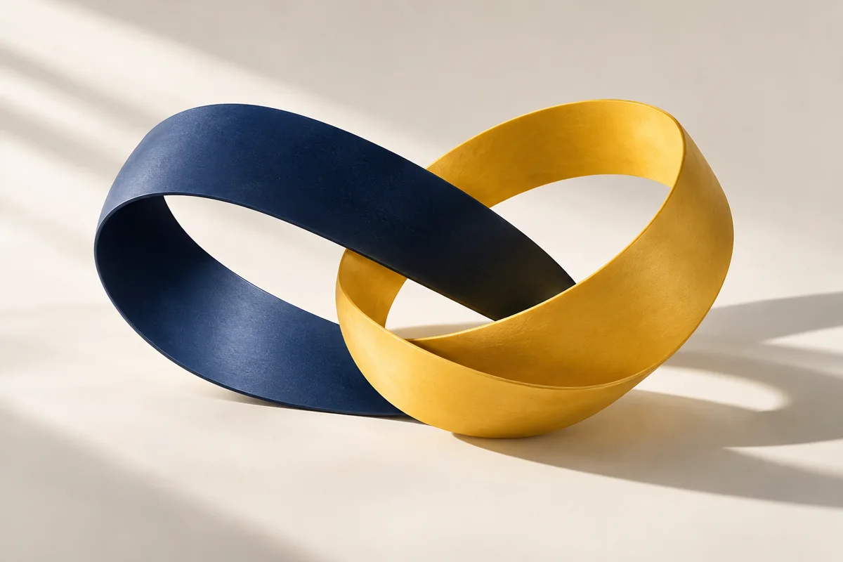 Navy and gold ribbon loops joining together to symbolise collaboration