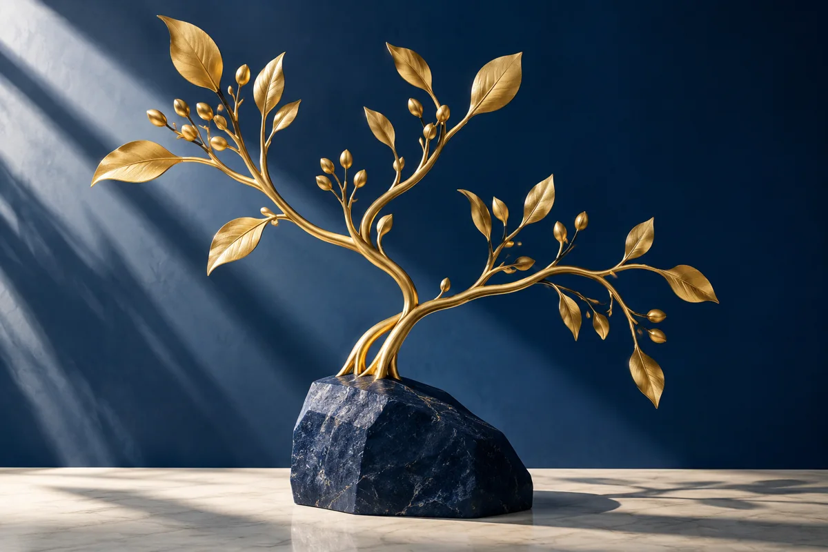 Golden branching sculpture growing from a solid navy foundation