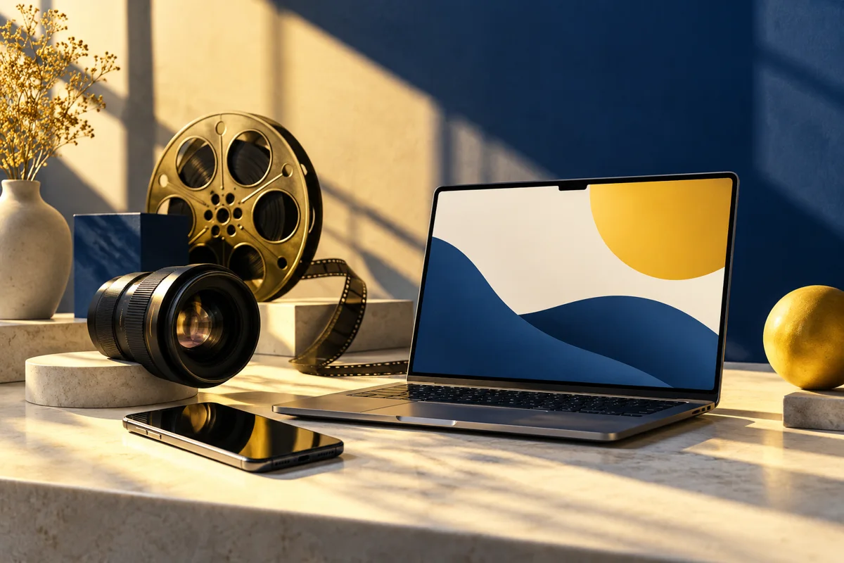 Creative toolkit with a camera lens, smartphone, film reel and laptop